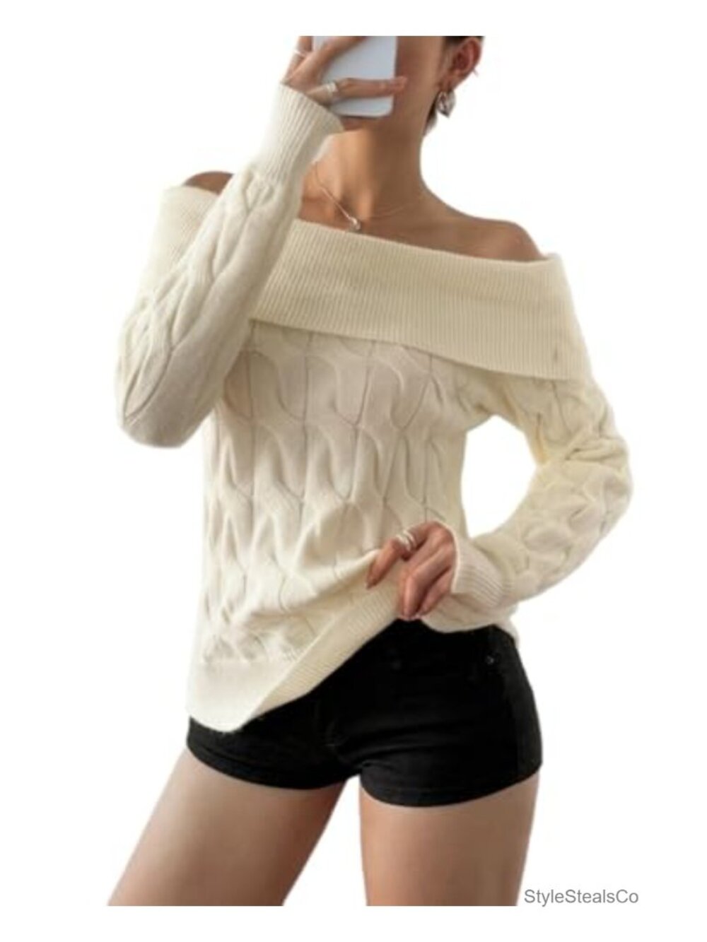 Off Shoulder Cable Knit Sweater Long Sleeve Chunky Pullover Women's Fall Winter